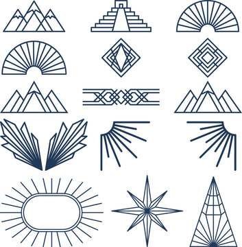 Abstract vector line illustration set with mountain pyramids sun and geometric shapes.