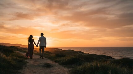 Fototapeta premium Couple holding hands at sunset ocean