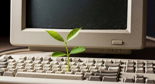 A green sprout emerges from the keyboard of a dusty vintage computer monitor, representing nature reclaiming technology in a soft light, evolution, soil, recovery