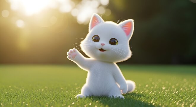 Cute white kitten waving hello sitting on green grass in a sunny garden during the golden hour