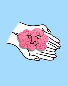 Hands Holding a Cartoon Brain 