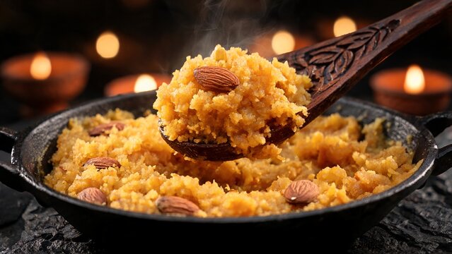 Close-up of hot steaming Badam Halwa scooped with a carved wooden spoon from a rustic pan, featuring whole almonds and festive glowing diya lights in the background with warm cinematic bokeh.