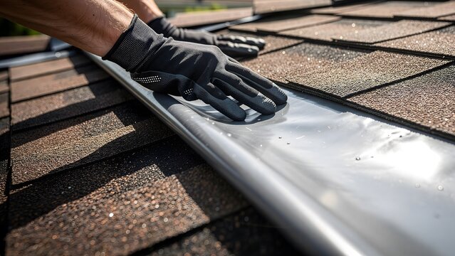 Close up of a contractor hands wearing black safety work gloves installing metal roof flashing or valley gutter on an asphalt shingle residential house. Roofing repair service.