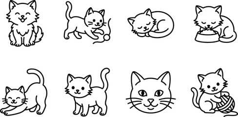 Fototapeta premium Cute Kitten Outline Icon Set with Cartoon Cats Playing Sleeping Eating and Stretching for Children Book Design Elements