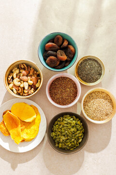 Variety of seeds, nuts and dried fruits