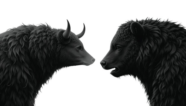 Bull and bear figures are positioned in a confrontational stance to visualize the intense struggle between rising and falling trends in financial sector data.