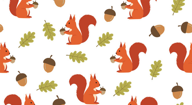 Cute seamless pattern features red squirrels holding acorns, oak leaves, and single acorns scattered on white.