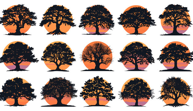 Majestic Tree Silhouette Collection with Sunset Circle Backgrounds &ndash; Nature Forest Vector Set