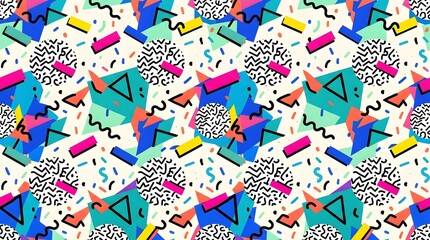 Fototapeta premium Energetic abstract Memphis-style textile with scattered geometric blocks, scribble dots, colorful triangles, zigzags, stripes, and bold pink, cyan, yellow, orange, blue, black, and white retro graphic