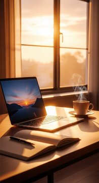 A peaceful home office desk setup at sunrise featuring a modern laptop, a steaming cup of coffee, and an open notebook by a sunny window, peaceful, background, bright