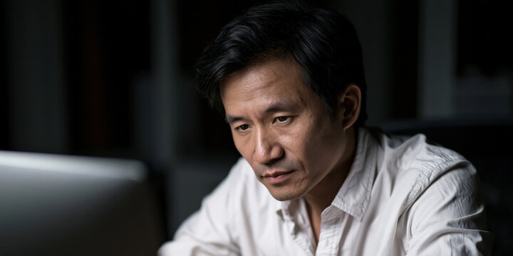 Concentrated man of asian descent engaged in late night work on his computer in a softly illuminated workspace