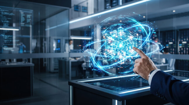 Business professional interacting with futuristic holographic technology in a modern office environment