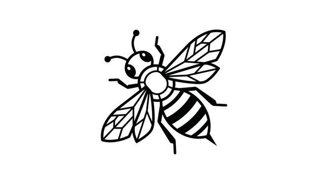 An illustration of a bee flying with visible wings and body parts in a simple black line art style.