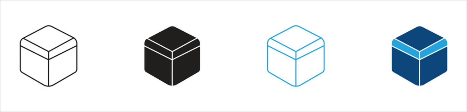 Solid Black Cube Icon Set, Representing 3D Geometry, Box, Package, Structure, Construction, Digital Design, and Minimal Vector Illustration