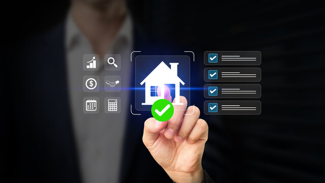 Digital Property Management. Online Tools for Property Analysis. Professional Interacting with Real Estate Management Platform on Virtual Screen. Digital Checklist, Investment Tools