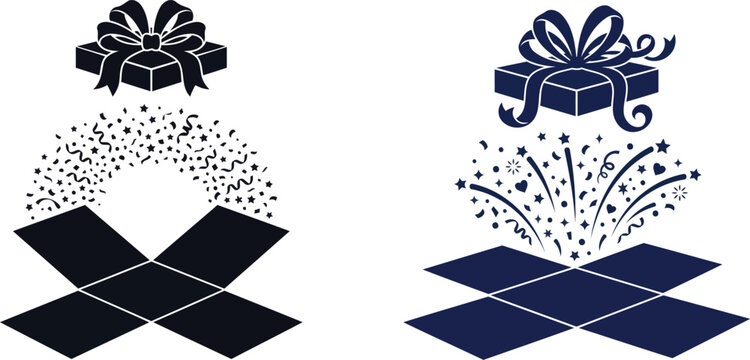 Two gift boxes with confetti and ribbons silhouette against a white background