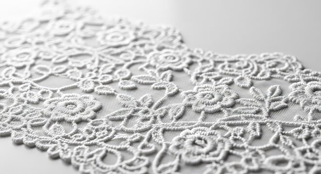 Detailed white cotton lace with floral motifs and openwork embroidery. Soft lighting highlights the intricate and delicate woven texture, embroidery, fiber, decorative