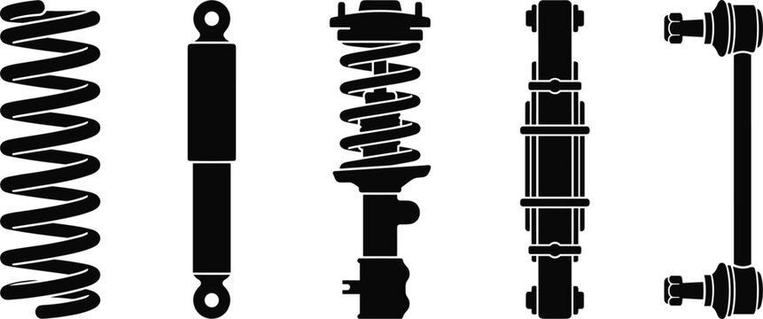 Set of five black silhouettes representing various automotive suspension parts and... desi
