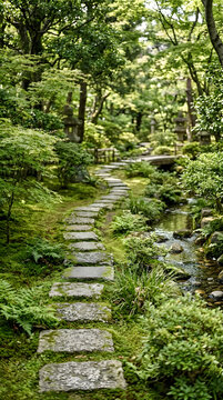 Stone path in garden. Stepping stones in green park. Zen landscape design for peaceful meditation space.