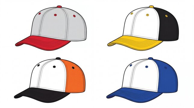 Four colorful baseball caps with different panel designs and stitched bills presented on transparent background