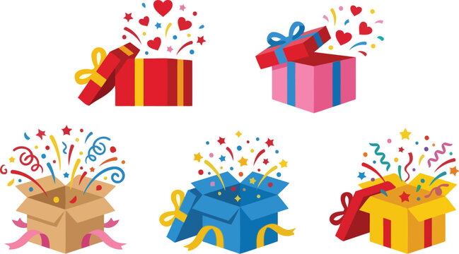 Colorful gift boxes with hearts and confetti exploding open vector illustration silhouette