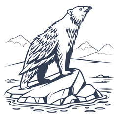 Stylized of a polar bear standing on a rocky island surrounded by water with distant mountain peaks in a cold arctic landscape © mukul