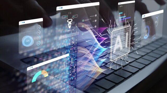 Data flow, AI data analysis, and automated technology workflows on a computer dashboard interface.