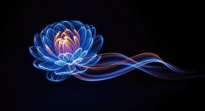 Futuristic abstract glowing flower with vibrant blue and orange light streaks on a dark background featuring a creative motion blur effect, shiny, fantasy, design