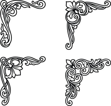A assortment of four intricate ornamental flourish corner designs featuring graceful vintage ornamental floral motifs.