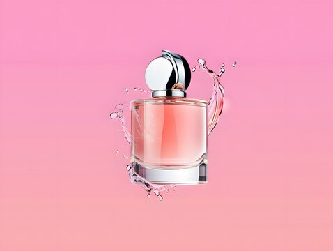 Elegant pink perfume bottle with a silver cap and pink mist particles.