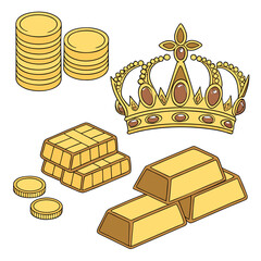 Royal gold crown, stacks of gold coins, and gold bars, hand-drawn on a white background, luxury and wealth concept © mukul