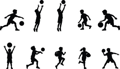 Basketball Player Silhouette Collection with Shooting Dribbling Passing and Action Pose Vector Set © boishakhisarker