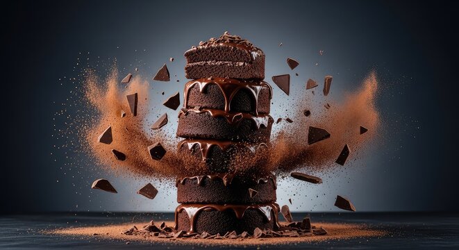 Luscious layers of moist chocolate cake exploding upwards, surrounded by a swirling mist of cocoa powder and dark chocolate fragments, action, cocoa dust, baking