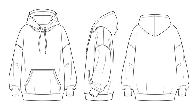 Oversized hoodie apparel technical drawing blueprint with front back and side views CAD line art vector illustration