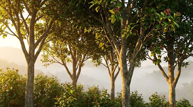 A serene view of cinchona bark trees in a lush tropical plantation with golden morning sunlight and soft rolling mountain mist in the background landscape
