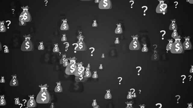 Dark background with scattered money bags and question marks, showing confusion risk and uncertain finance concept animation