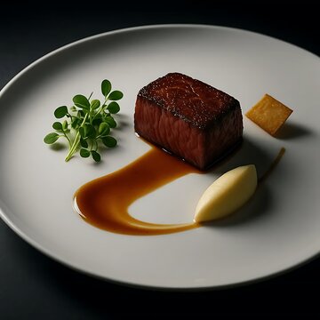 Gourmet fine dining beef steak with rich sauce and microgreens on white plate