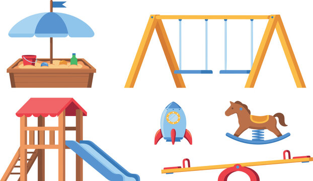 Children playground equipment vector icon set with flat design slide sandbox swing and seesaw symbols