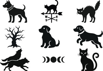 Obraz premium Halloween silhouette vector set, spooky black cat and dog icons, mystical moon phases and dead tree graphics, gothic animal silhouettes for decor