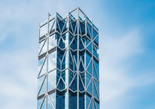 Sleek glass facade of a contemporary skyscraper reflecting the bright blue sky and clouds with sharp geometric lines and steel frames, metal, brightness, height