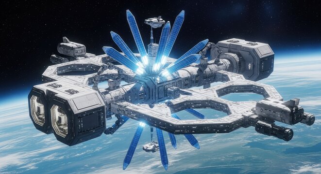Sleek modular space station orbiting a distant planet with glowing solar panels, docking transport shuttles, and advanced logistics modules, deep, celestial, reflective