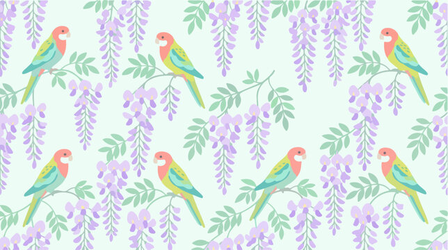 Colorful parrots on purple flowers.