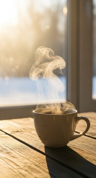 Steam rises from a hot ceramic cup on a weathered wood table during a quiet snowy morning, illuminated by soft golden winter sunlight rays, still life, garden, landscape