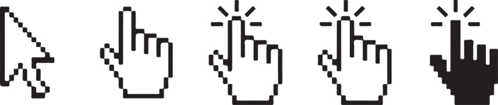 Pixel art computer mouse cursor hand icons for clicking and pointing actions