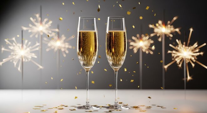 Two elegant crystal champagne flutes filled with golden bubbly wine stand amidst falling gold confetti and glowing holiday sparklers, shine, background, sophisticated