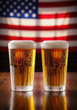 Two frosty glasses of golden beer sit on a dark wooden tavern table, with a blurred national flag draped softly in the background lighting, refreshment, blurred, amber