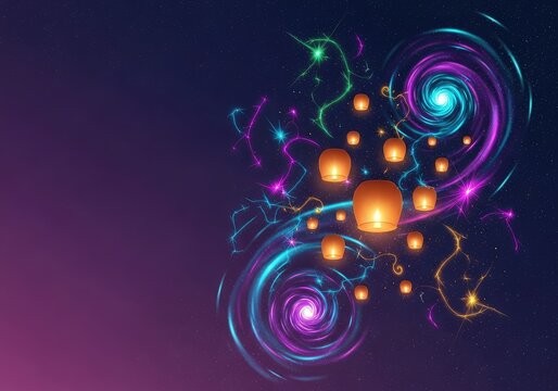 Vibrant abstract dreamscape celebrating the festival of lights with glowing floating lamps surreal cosmic swirls and vivid neon sparks, floating, color, cosmic