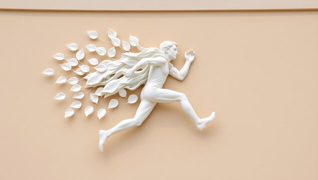 White bas relief sculpture of a sprinting man trailing flowing fabric and leaves against a smooth beige wall