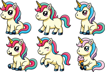 Obraz premium Set of cute cartoon unicorns in various poses with colorful hair for children nursery design and stickers