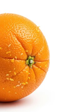 Vibrant organic oranges shown in a detailed macro shot against a clean white backdrop, highlighting the textured citrus peel and fresh zest, round, nutrition, close-up